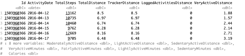 First rows of a daily activity dataset